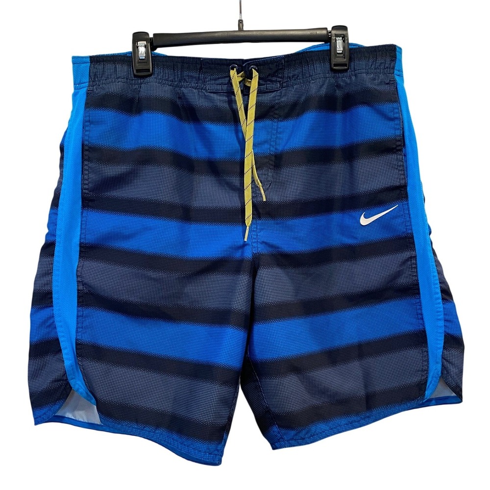 Nike Men's Board Shorts Swim Trunks Blue Black Stripe Athletic‎ Size L Lined EUC